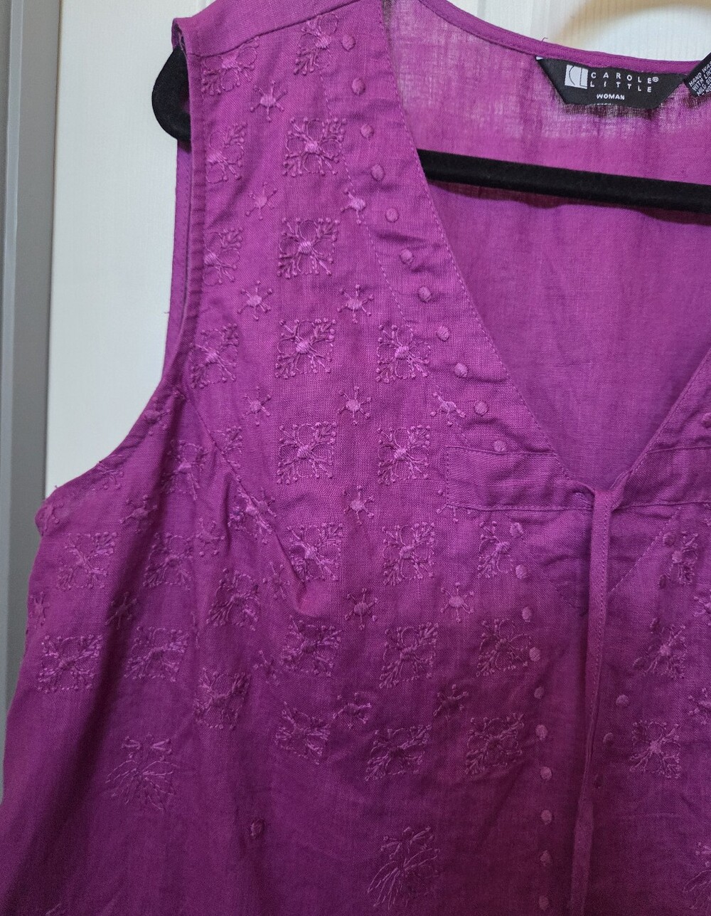 Carole Little 100% Linen Sleeveless Embroidered V-Neck Tunic Magenta 1X Summer - Picture 2 of 8